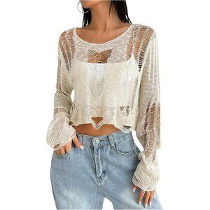 Women's Ripped Sweater Gothic Grunge Crop Pullover Crew Neck Long Sleeve